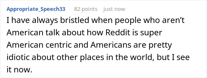 Comment discussing Reddit's American-centric nature in wedding luxury debate