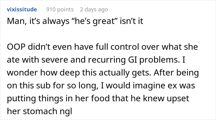 A comment about a boyfriend allegedly upsetting his girlfriend's stomach.