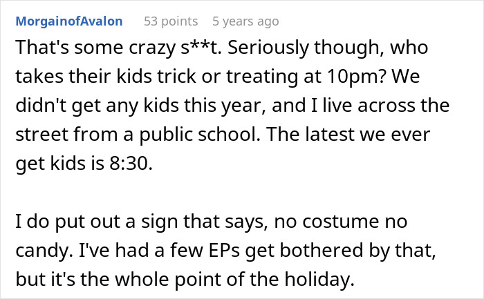 User discussion on trick-or-treat timing and Halloween candy rules