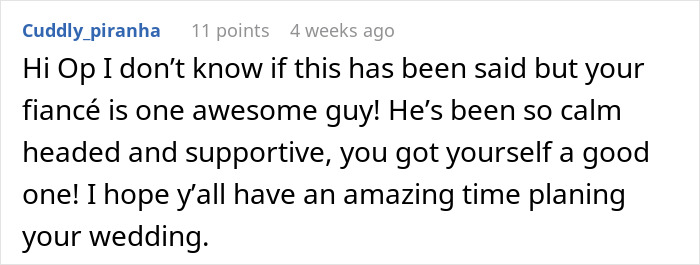 A supportive comment praising the fiance after a guy waits 20 years to tell bestie he loves her. A supportive comment praising the fiance after a guy waits 20 years to tell bestie he loves her.