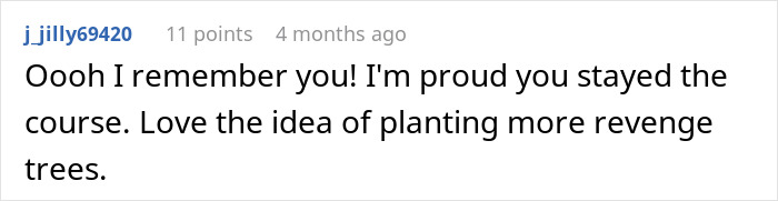 Online message showing support for planting new trees in response to an entitled neighbor action. Online message showing support for planting new trees in response to an entitled neighbor action.