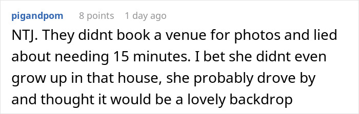 User pointing out bride lied about photo time and took over porch for wedding pictures User pointing out bride lied about photo time and took over porch for wedding pictures