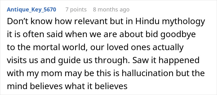 Online comment discussing end-of-life conversations and Hindu mythology beliefs about dying Online comment discussing end-of-life conversations and Hindu mythology beliefs about dying
