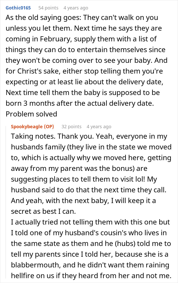 Reddit comment thread with advice on keeping secrets and how a woman sets a clear boundary with her family. Reddit comment thread with advice on keeping secrets and how a woman sets a clear boundary with her family.