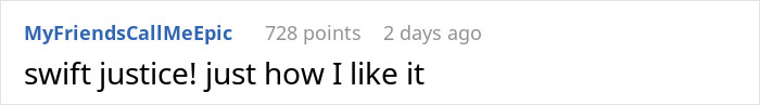 A user comment on Reddit celebrating swift justice for a cheater BF A user comment on Reddit celebrating swift justice for a cheater BF