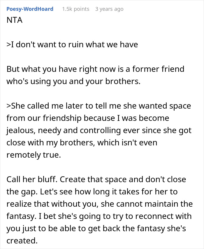 Comment about a former friend's manipulation involving brothers in a teen's fake dating saga Comment about a former friend's manipulation involving brothers in a teen's fake dating saga