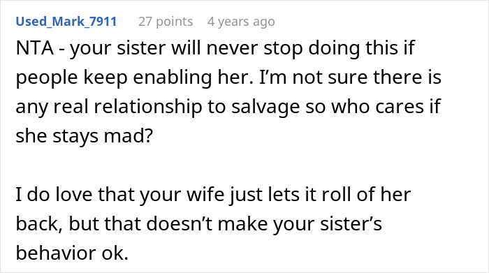 An online feedback post discussing a sister who tries to control his wife's choices. An online feedback post discussing a sister who tries to control his wife's choices.
