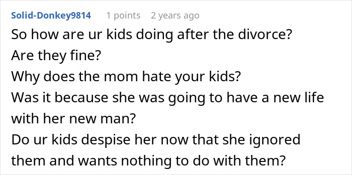 Reddit comment asking about the children after a secret affair leads to divorce. Reddit comment asking about the children after a secret affair leads to divorce.