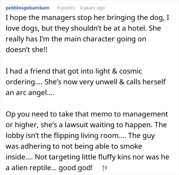 Hotel Tells Employee To Not Bring Untrained Dog To Work, She Calls Them "Satanic Reptilian Illuminati" Hotel Tells Employee To Not Bring Untrained Dog To Work, She Calls Them "Satanic Reptilian Illuminati"