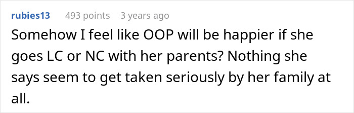 A Reddit comment suggesting a woman sets a clear boundary by going low or no contact with her family. A Reddit comment suggesting a woman sets a clear boundary by going low or no contact with her family.