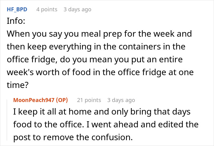Reddit comment clarifying stored meal prep in the office fridge Reddit comment clarifying stored meal prep in the office fridge