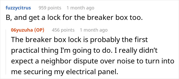 Comment suggesting to get a lock for the breaker box amid neighbor dispute over EV charging Comment suggesting to get a lock for the breaker box amid neighbor dispute over EV charging