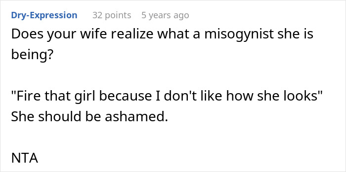 A comment pointing out the unfairness of demanding to fire the assistant based on looks A comment pointing out the unfairness of demanding to fire the assistant based on looks