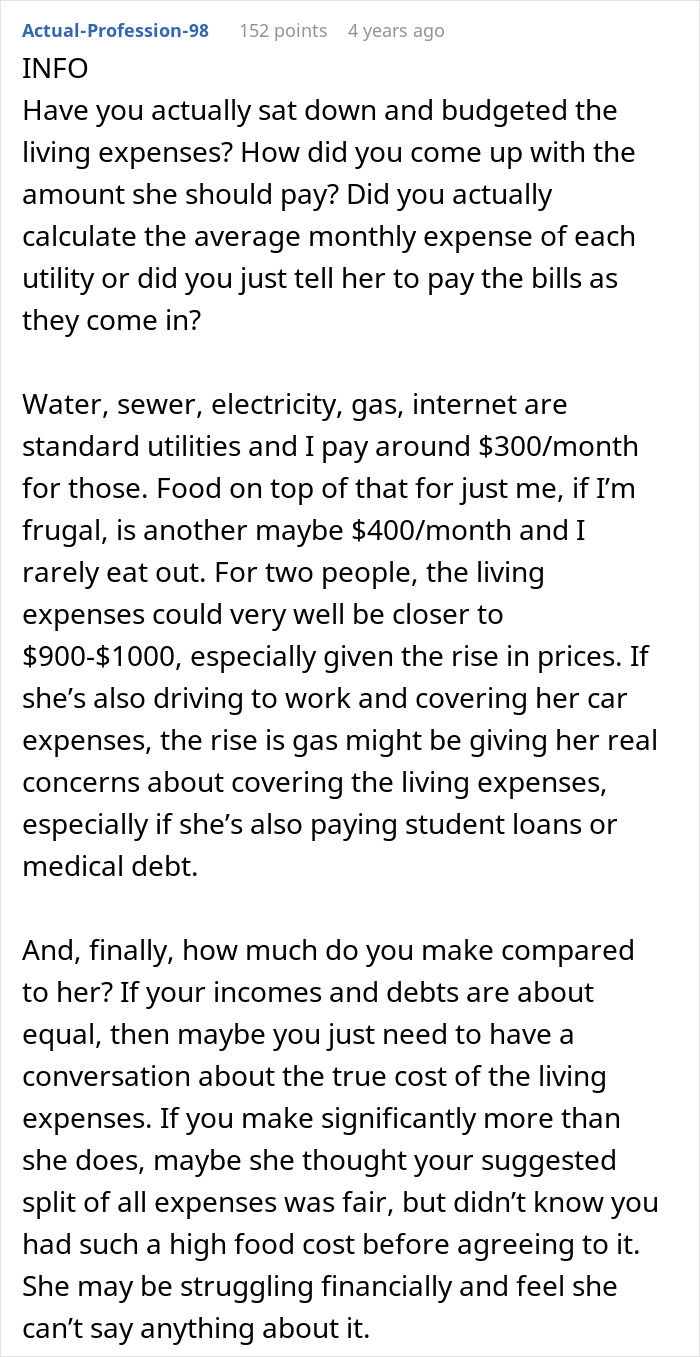 Reddit comment on budgeting living expenses, high food costs, and couple fights. Reddit comment on budgeting living expenses, high food costs, and couple fights.