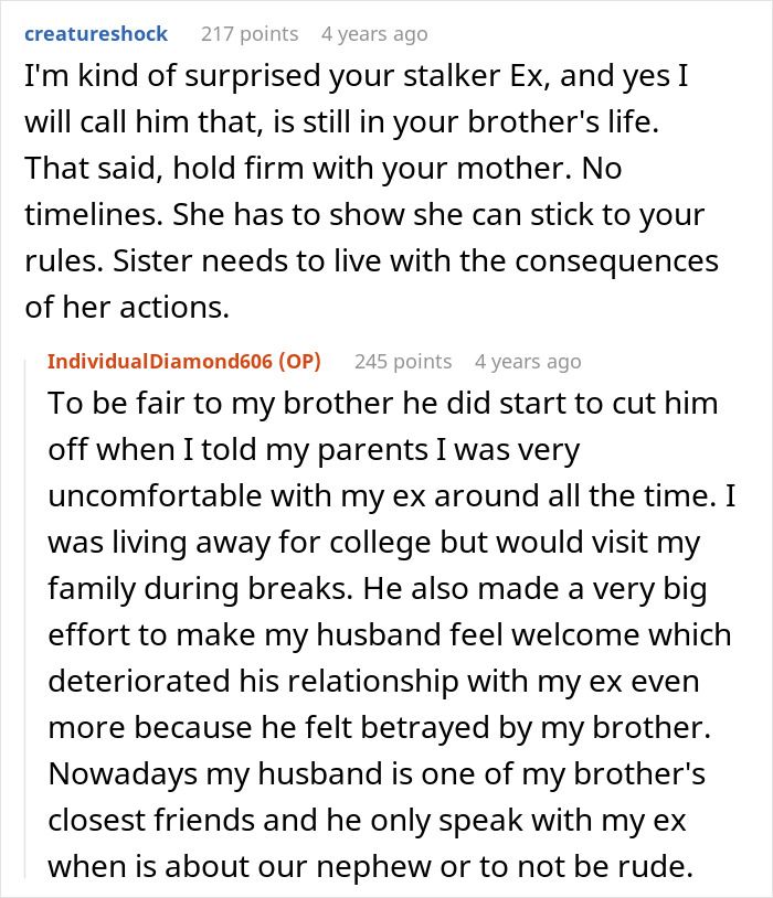 Comment warning about stalker ex in ex and sister boundary story