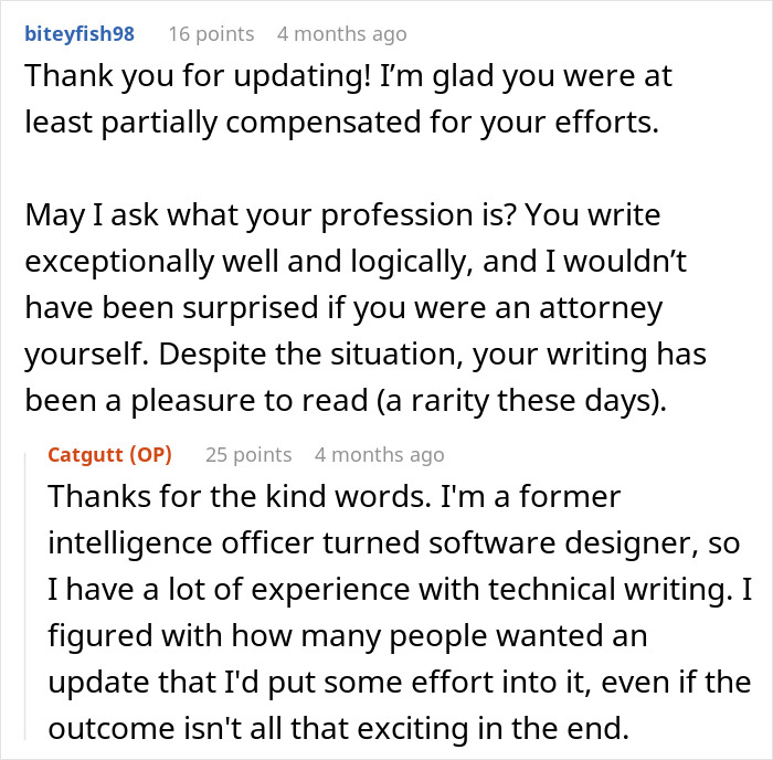 Reddit comments praising the original poster's writing style regarding the tree dispute. Reddit comments praising the original poster's writing style regarding the tree dispute.
