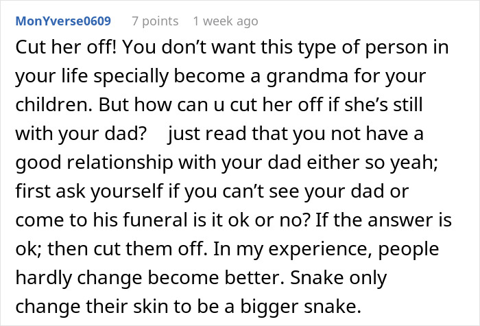 Comment suggesting cutting off toxic stepmom from family life