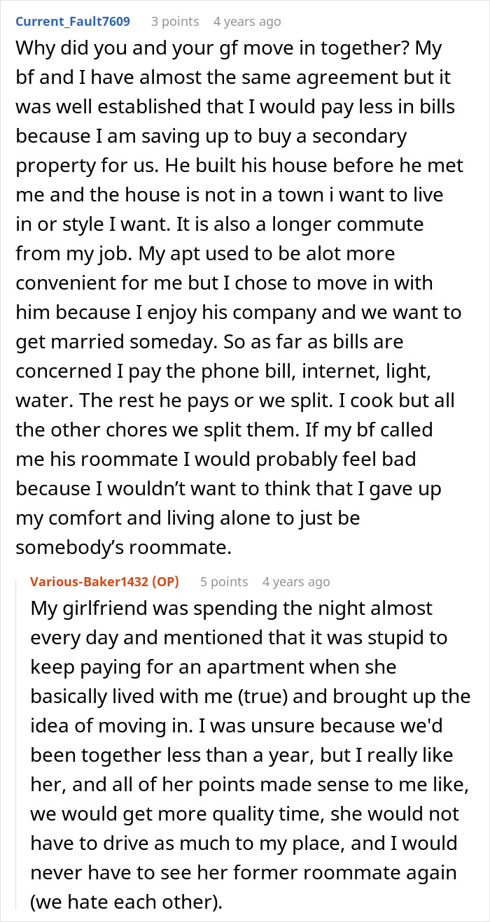 Reddit comments discussing the decision of a couple to move in together and split living expenses. Reddit comments discussing the decision of a couple to move in together and split living expenses.