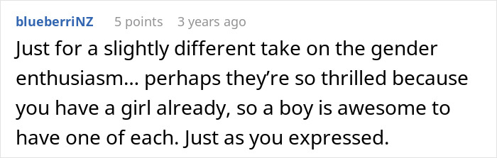 Reddit comment discussing family enthusiasm and gender expectations around giving birth. Reddit comment discussing family enthusiasm and gender expectations around giving birth.