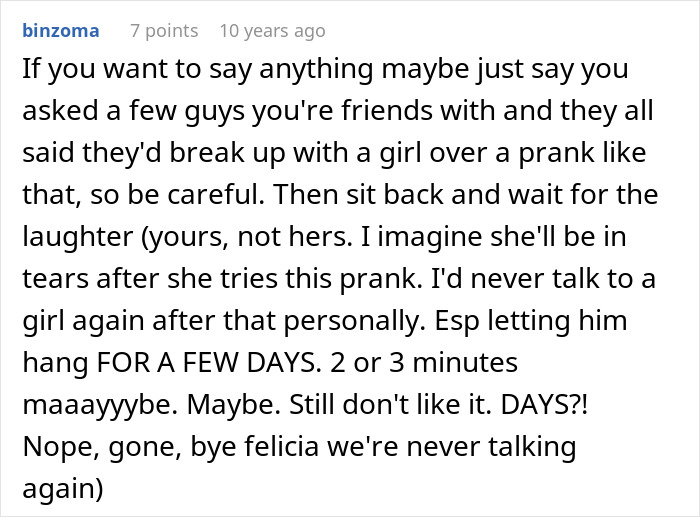 A comment explaining how a woman's fake pregnancy prank could easily lead to a breakup. A comment explaining how a woman's fake pregnancy prank could easily lead to a breakup.