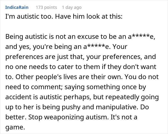 An online comment explaining why being autistic is not an excuse to insult a coworker or be manipulative.