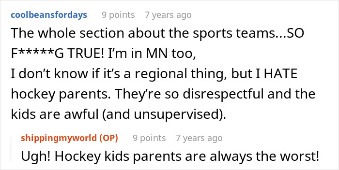Online comments discussing how hockey parents and kids compare to bridezilla guests at a hotel.