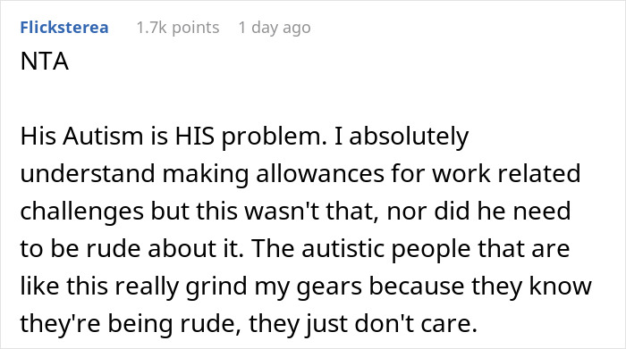A comment stating a coworker insults someone and uses autism as an excuse for being rude.