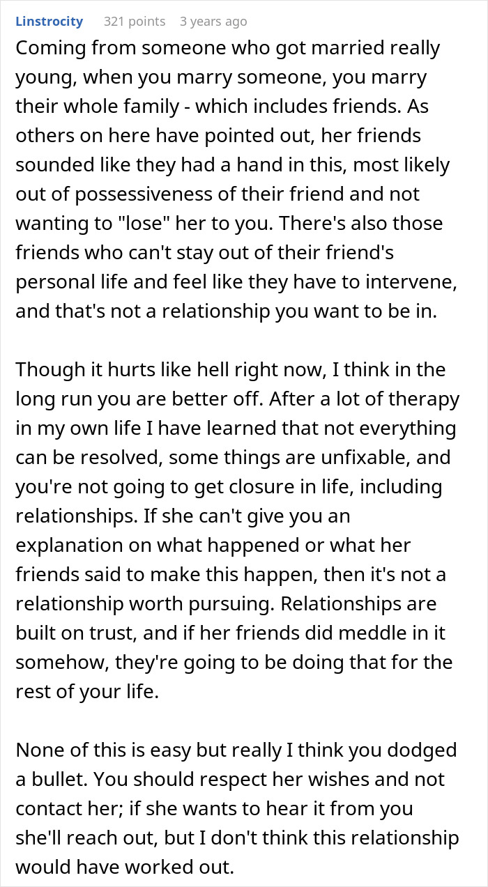 A online comment advising someone who planned a proposal and experienced a disappearing act to move on.