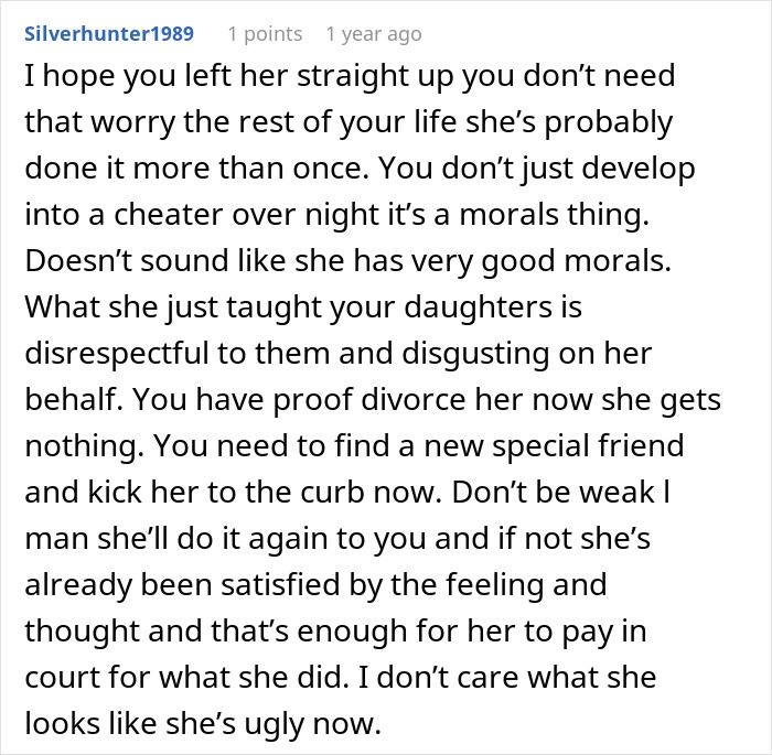 An online comment discussing a secret affair, divorce advice, and moral consequences. An online comment discussing a secret affair, divorce advice, and moral consequences.