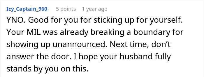 A comment praising the DIL for standing up for herself after MIL shames DIL for not wearing a bra at home.
