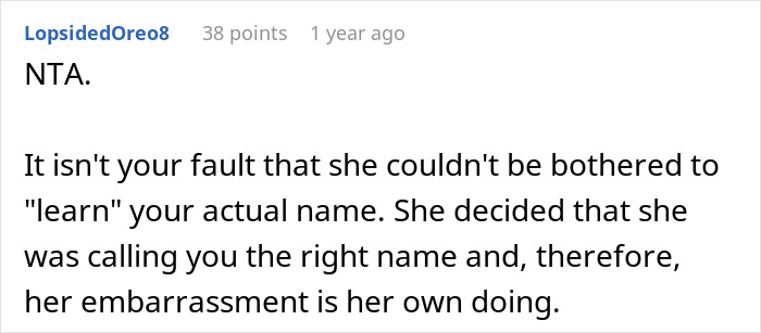 Supportive Reddit comment about MIL getting DIL name wrong and her own embarrassment. Supportive Reddit comment about MIL getting DIL name wrong and her own embarrassment.