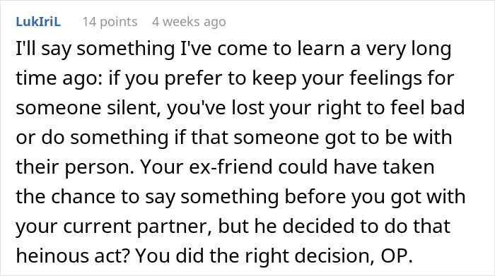 A comment criticizing the guy who waits 20 years to tell bestie he loves her, explaining missed chances. A comment criticizing the guy who waits 20 years to tell bestie he loves her, explaining missed chances.
