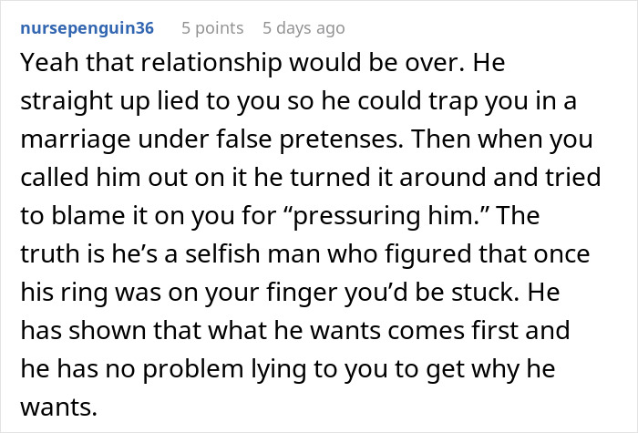 Social media comment calling out a fiancé for lying to trap their partner into marriage. Social media comment calling out a fiancé for lying to trap their partner into marriage.
