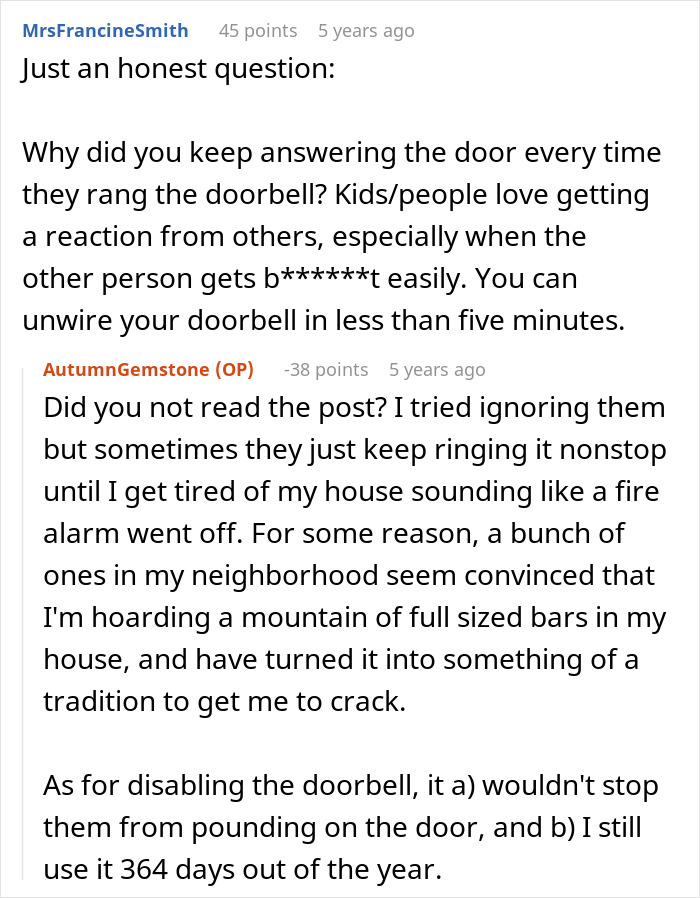 Discussion about neighbor refusing to give out Halloween candy and doorbell issues