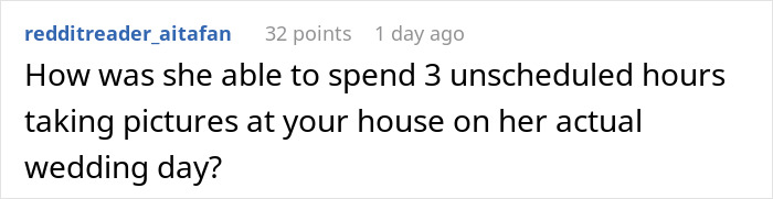 User questioning three unscheduled hours of wedding photo taking on house porch User questioning three unscheduled hours of wedding photo taking on house porch