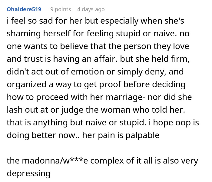 Comment expressing sadness and strength dealing with marital trust issues