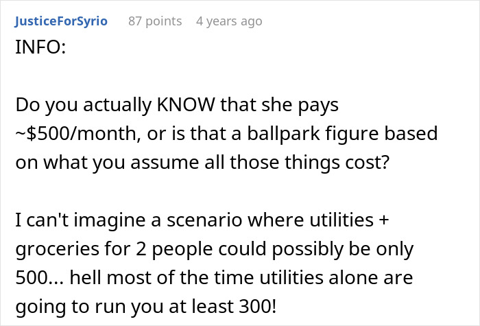An online forum post questioning the actual cost of utilities and grocery shopping An online forum post questioning the actual cost of utilities and grocery shopping
