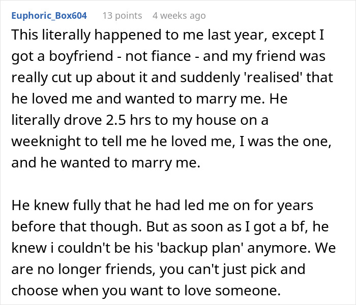 User sharing a personal story about a guy who waits 20 years to tell bestie he loves her as a backup plan. User sharing a personal story about a guy who waits 20 years to tell bestie he loves her as a backup plan.