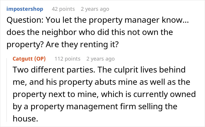 Online discussion clarifying property ownership and boundaries after neighbor cuts down oak tree. Online discussion clarifying property ownership and boundaries after neighbor cuts down oak tree.