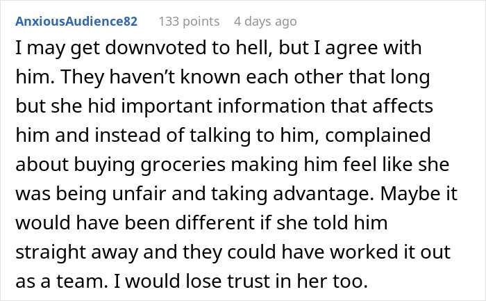 User comment agreeing with a breakup due to broken trust and lack of financial communication. User comment agreeing with a breakup due to broken trust and lack of financial communication.