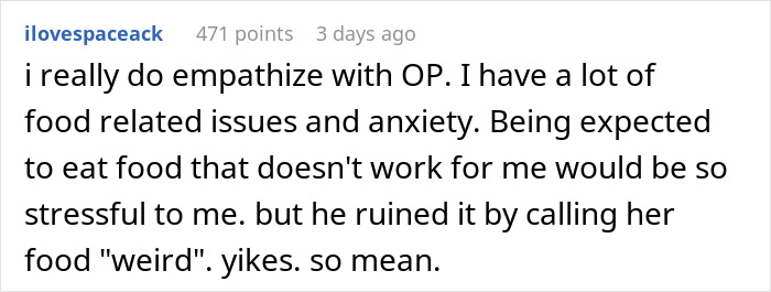 Reddit user expressing empathy regarding food issues and a man's dislike for his wife's cultural cuisine. Reddit user expressing empathy regarding food issues and a man's dislike for his wife's cultural cuisine.