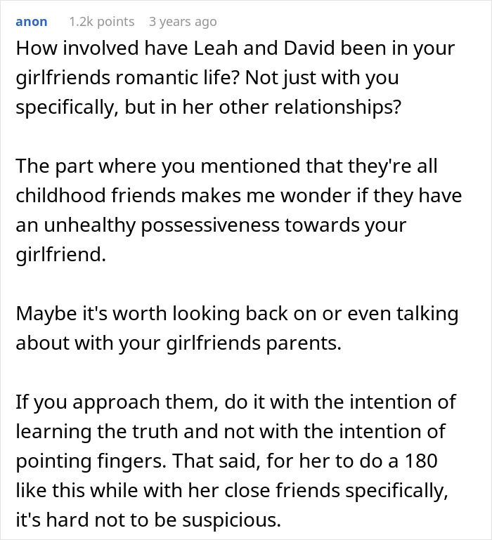 Detailed comment analyzing a girlfriend disappearing act and possessive friends.
