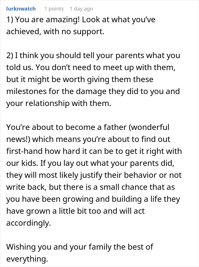A supportive online comment praising the son who achieved success despite parents dismissing his achievements. A supportive online comment praising the son who achieved success despite parents dismissing his achievements.