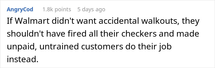 An online comment discussing Walmart accidental walkouts and self checkout issues. An online comment discussing Walmart accidental walkouts and self checkout issues.