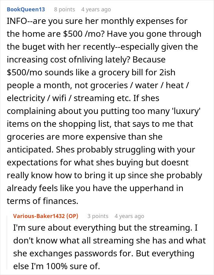 An online forum comment thread questioning monthly expenses and groceries of a couple splitting household bills. An online forum comment thread questioning monthly expenses and groceries of a couple splitting household bills.
