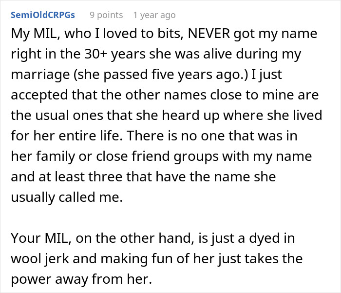 A social media comment comparing a well-meaning MIL to one who gets her DIL’s name wrong maliciously. A social media comment comparing a well-meaning MIL to one who gets her DIL’s name wrong maliciously.