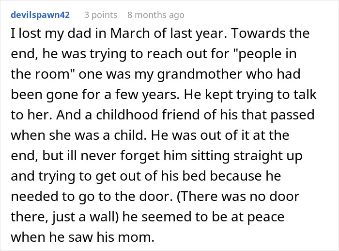 Personal post detailing end-of-life conversations about seeing deceased family members before dying. Personal post detailing end-of-life conversations about seeing deceased family members before dying.