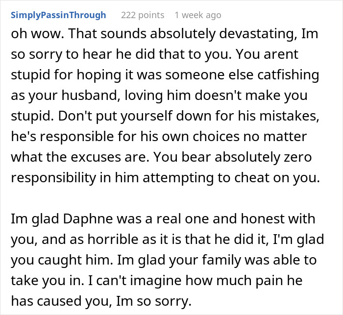 Comment supporting woman hurt by husband's dating app profile