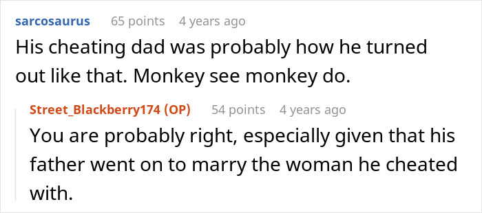 Social media comments about the cheating ex-fiance's father and how it influenced him.