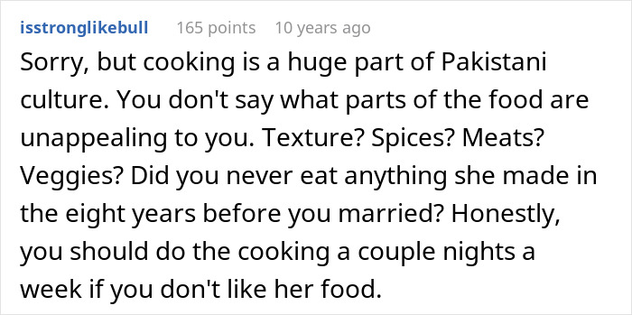 Reddit user emphasizing the significance of cooking in cultural cuisine and suggesting the husband cooks. Reddit user emphasizing the significance of cooking in cultural cuisine and suggesting the husband cooks.